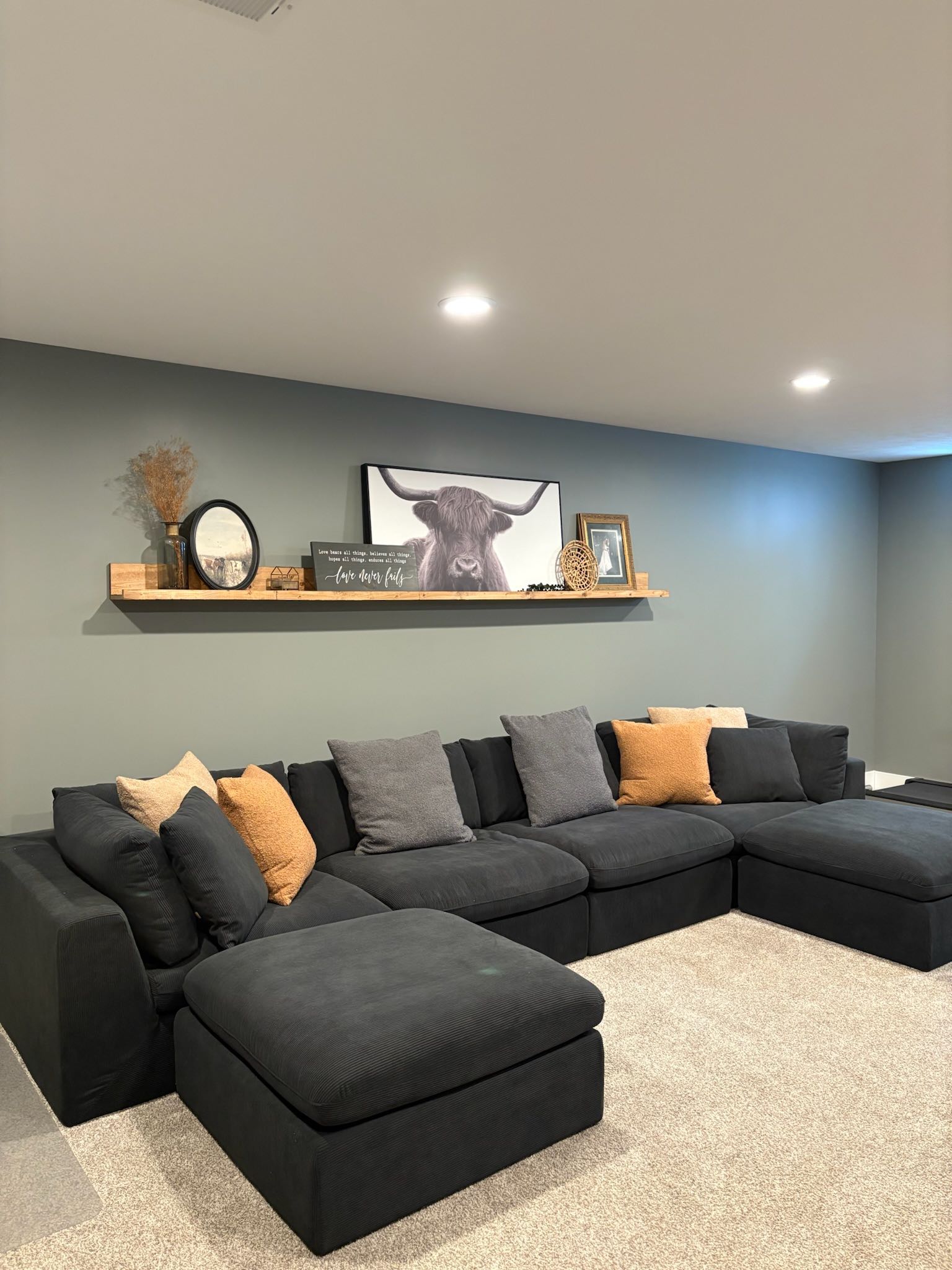 Basement living room with sage green walls
